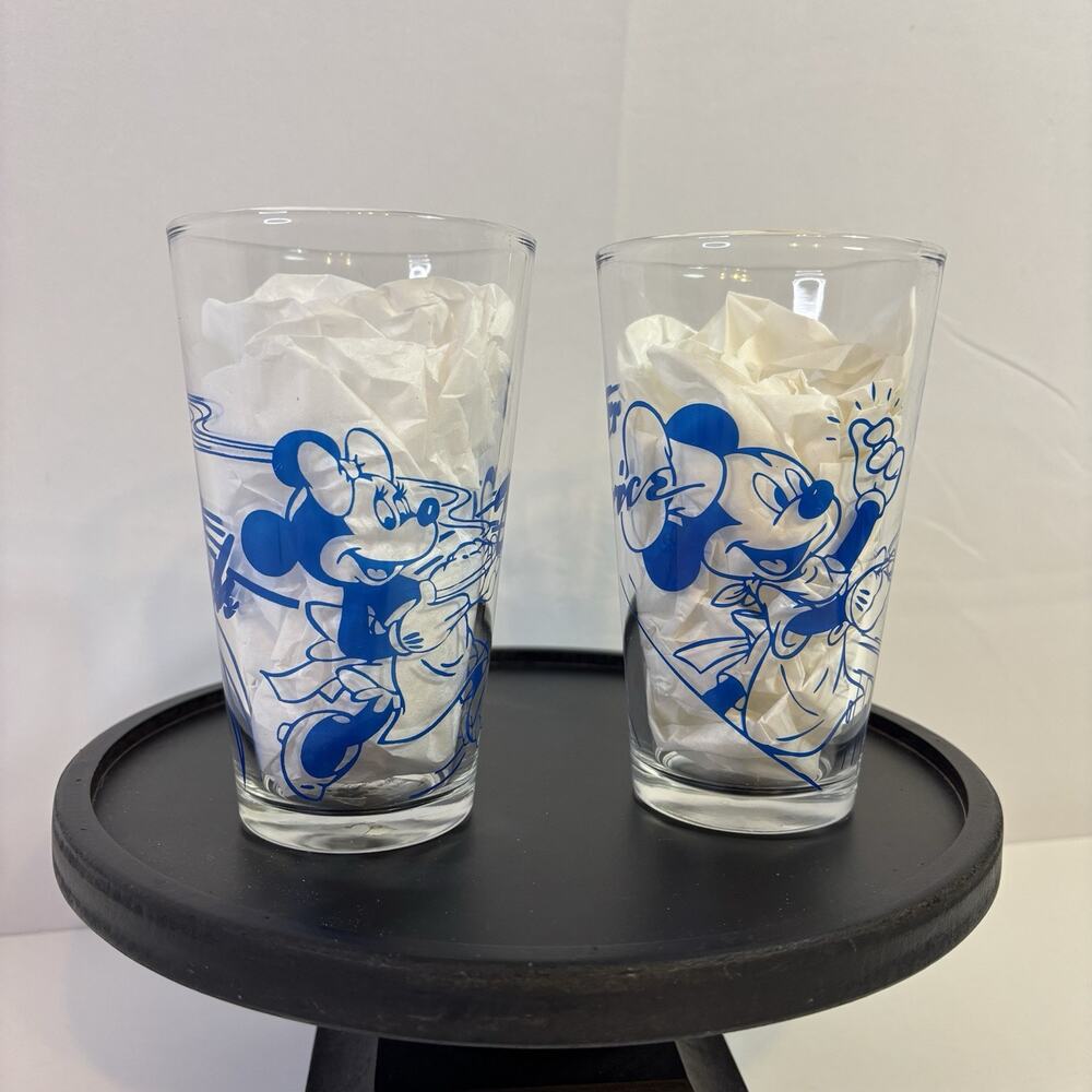 2 Mickey And Minnie Mouse Drinking Vintage Glasses 5 Inches Tall Blue